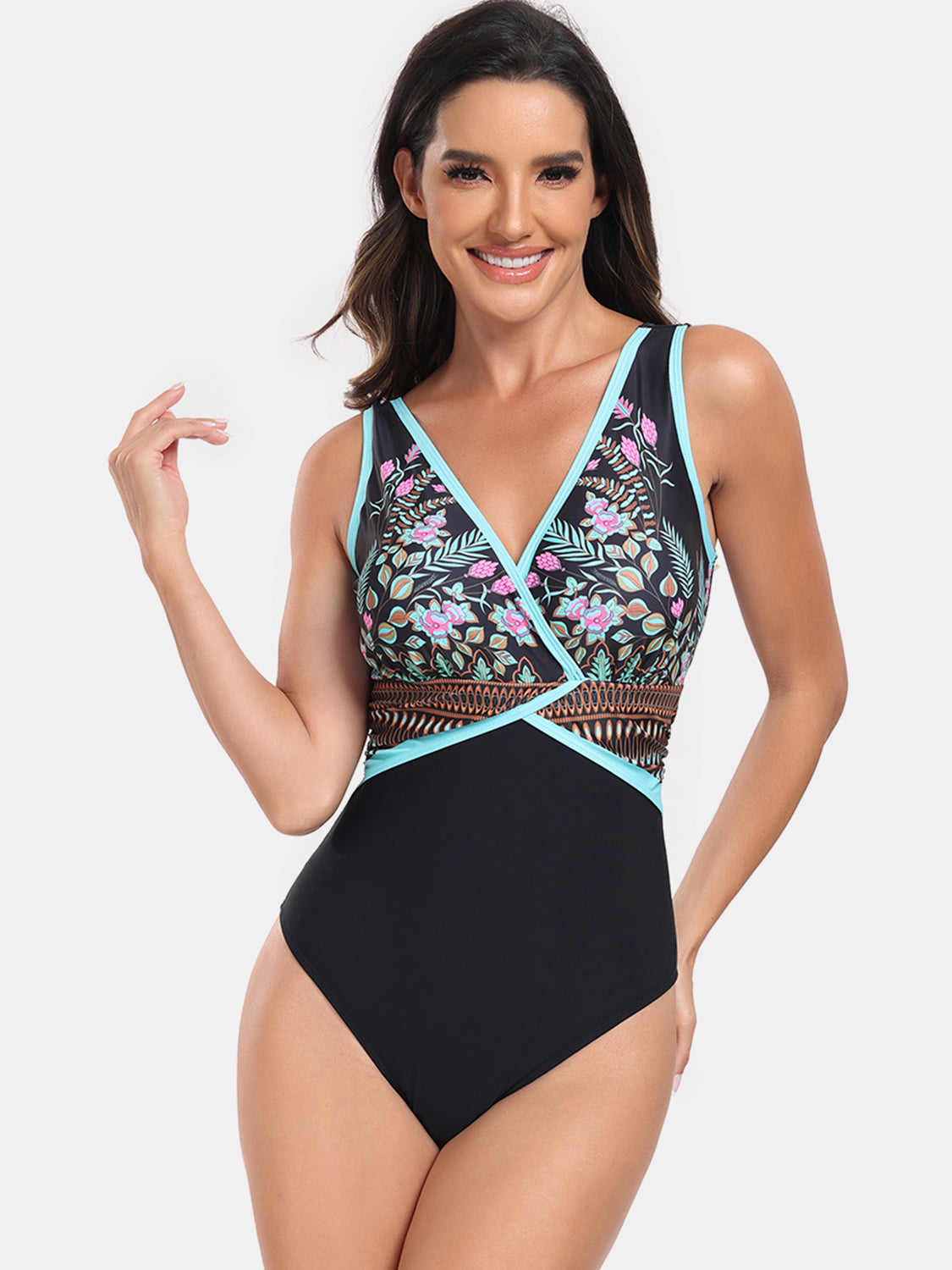 Sunset Vacation  Printed Surplice Wide Strap One-Piece Swimwear Sunset and Swim   