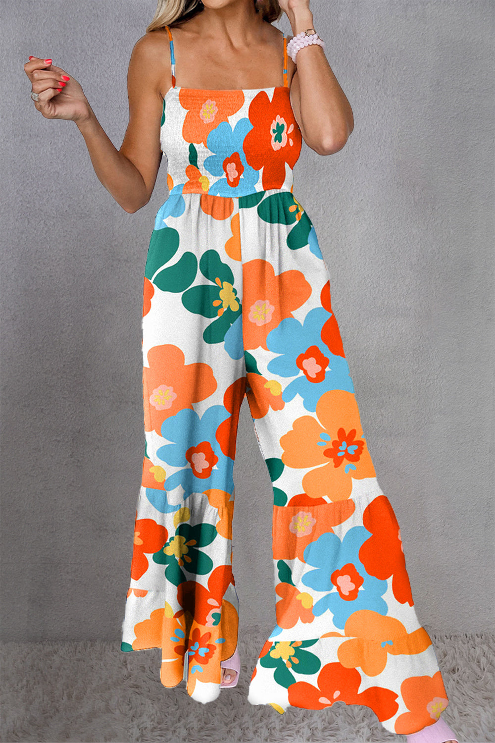 Sunset and Swim  Printed Smocked Spaghetti Strap Jumpsuit Sunset and Swim Floral S 