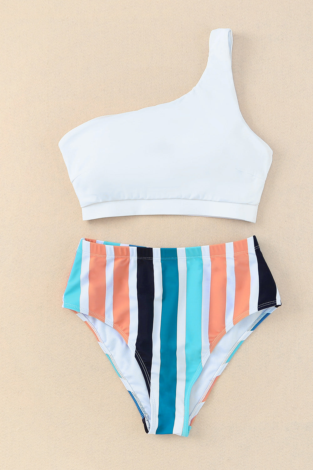 Striped One Shoulder Two-Piece Swim Set Sunset and Swim   