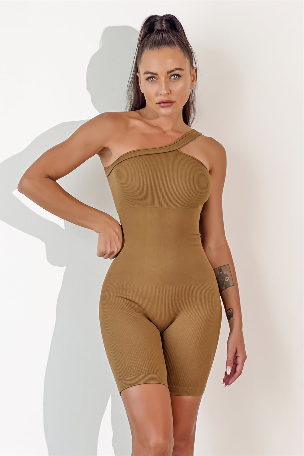 Sunset and Swim  Asymmetrical Neck Wide Strap Active Romper Sunset and Swim Camel S 