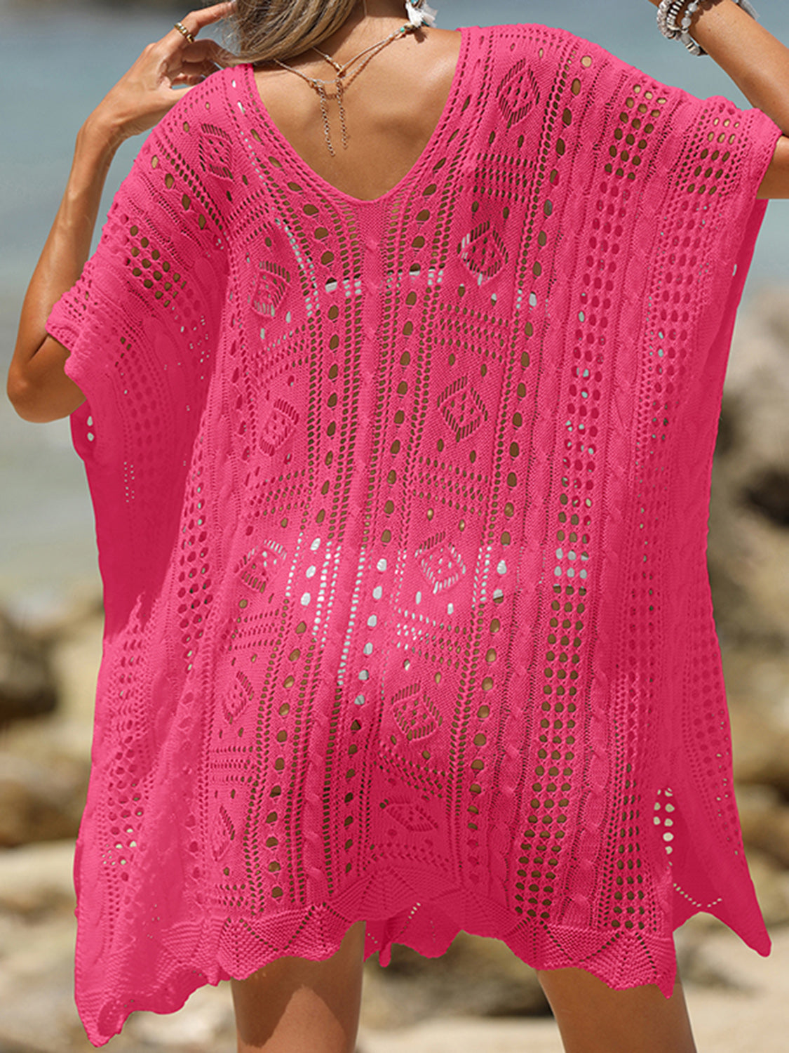 Sunset Vacation  Openwork Half Sleeve Beach Cover Up Sunset and Swim   