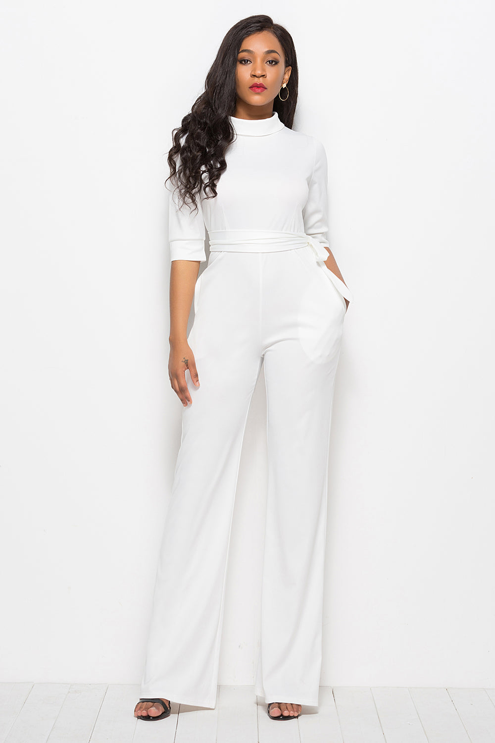 Mock Neck Tie-Waist Half Sleeve Jumpsuit Sunset and Swim   