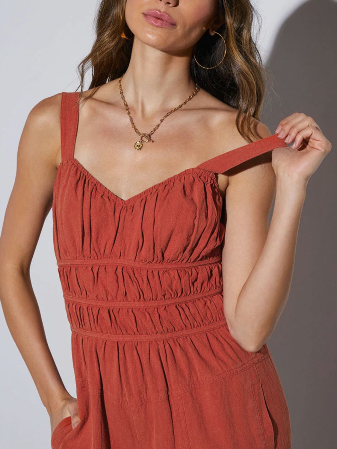 Ruched Wide Strap Jumpsuit with Pockets Sunset and Swim   