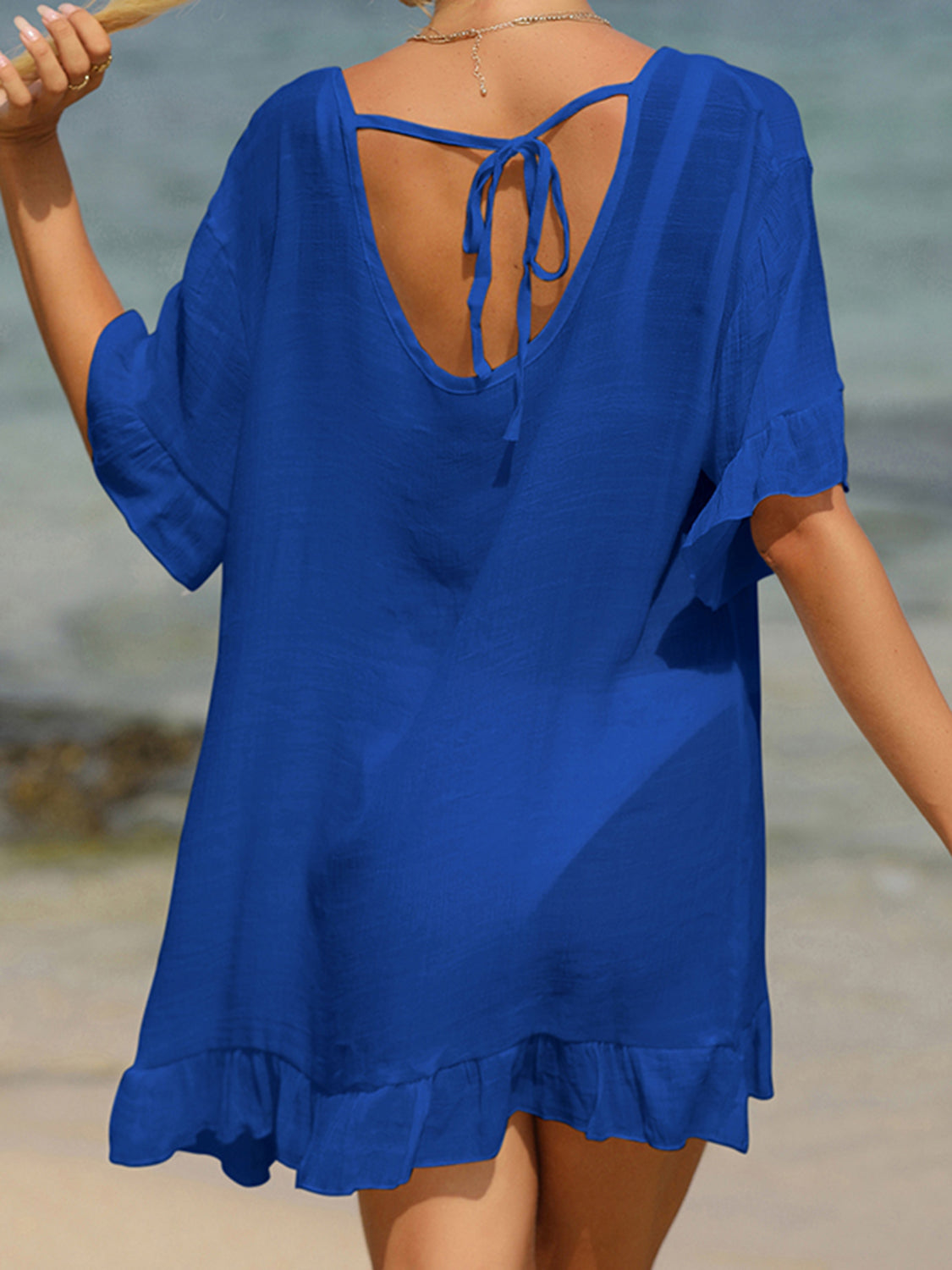 Sunset Vacation  Tied Ruffled Half Sleeve Beach Cover Up Sunset and Swim   