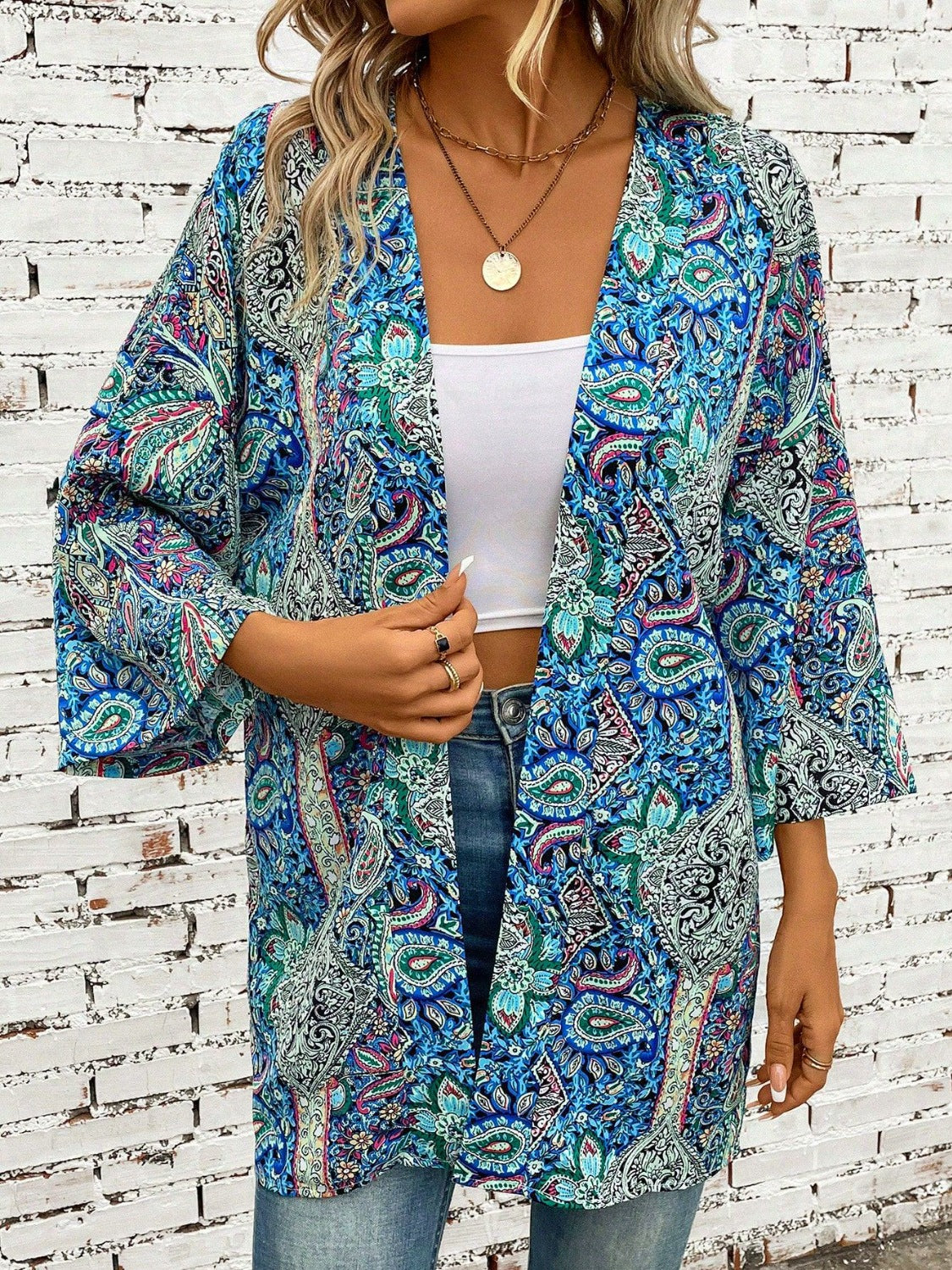 Printed Open Front Three-Quarter Sleeve Cover Up Sunset and Swim Teal One Size 