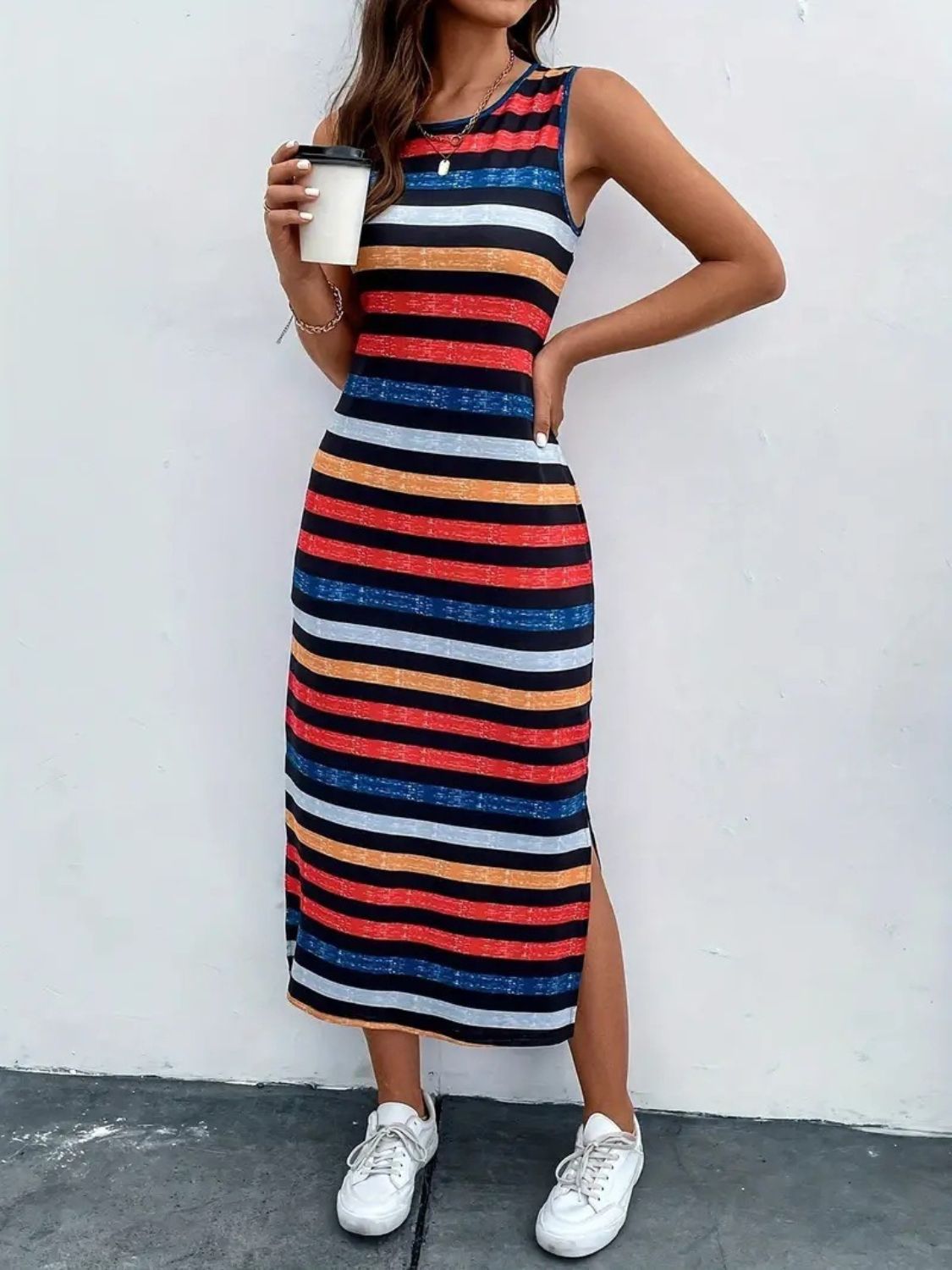 Slit Printed Round Neck Sleeveless Dress Sunset and Swim Orange-Red S 