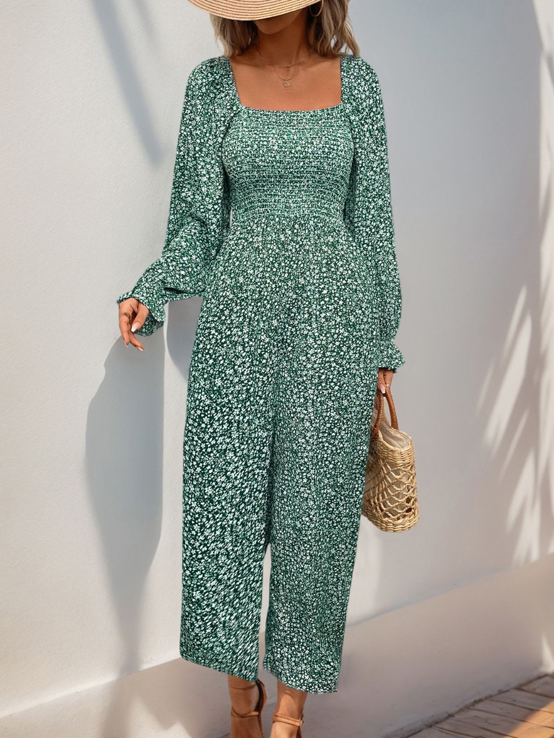 Sunset Vacation Perfee Smocked Printed Long Sleeve Wide Leg Jumpsuit Sunset and Swim   