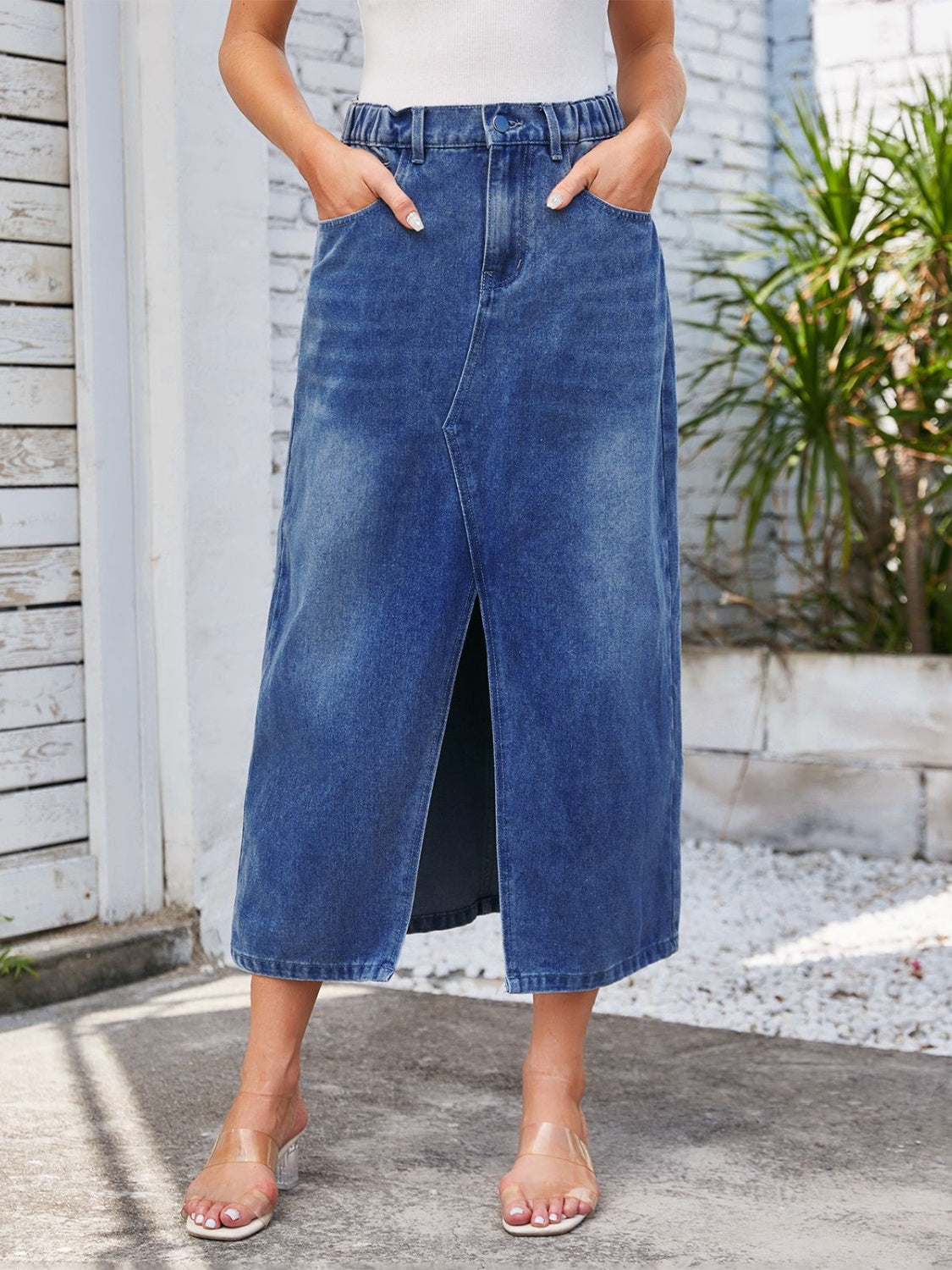 Slit Midi Denim Skirt with Pockets  Sunset and Swim Dusty  Blue S 