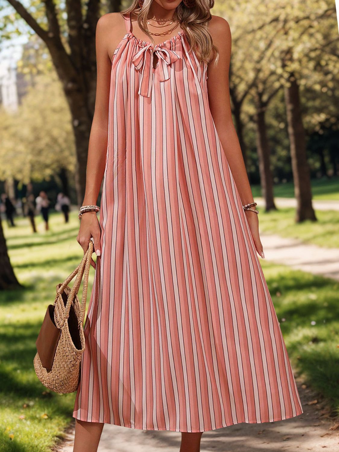 Sunset Vacation Striped Tie Neck Midi Cami Dress Sunset and Swim Burnt Coral S 
