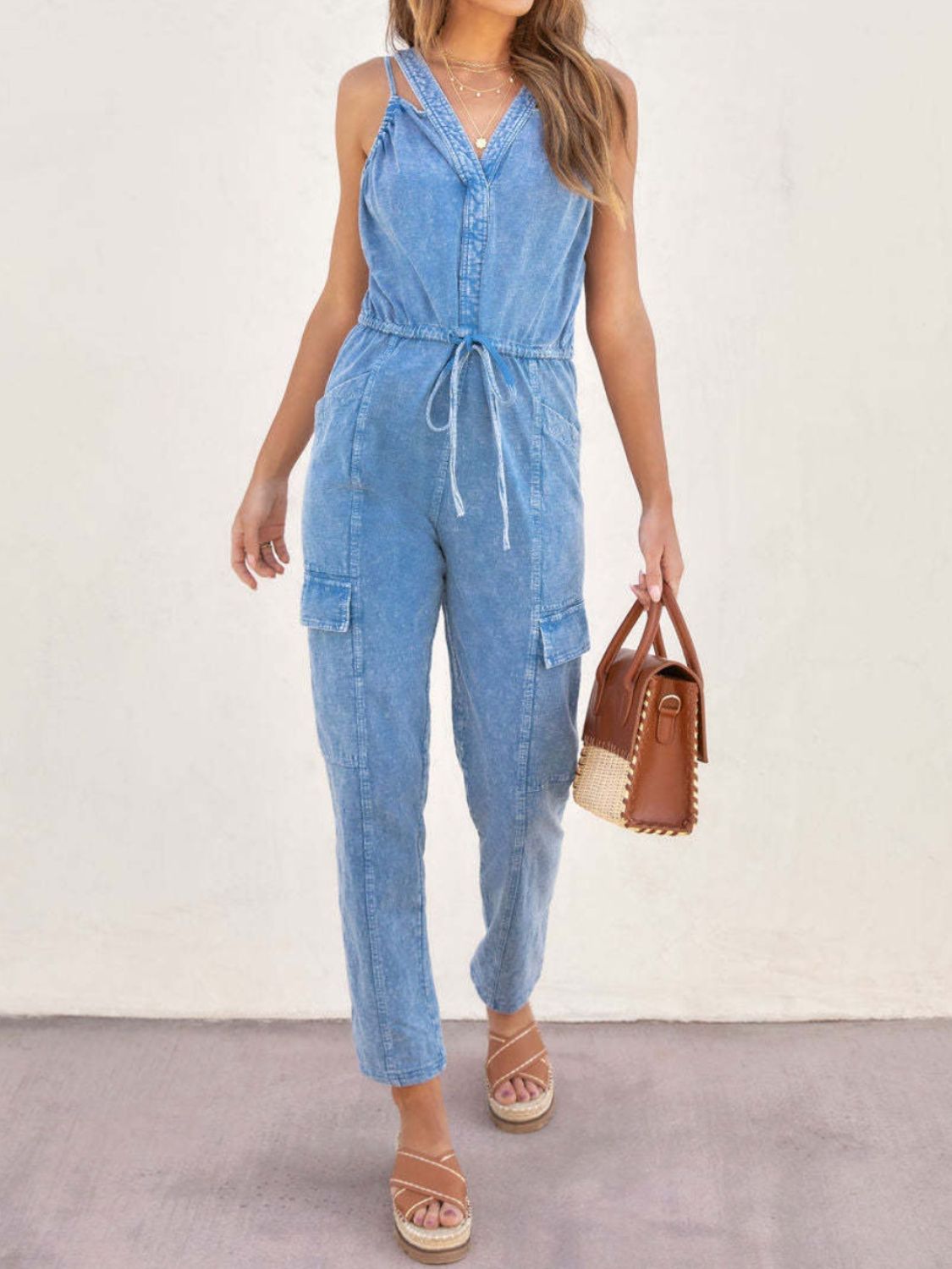 V-Neck Sleeveless Denim Jumpsuit Sunset and Swim   