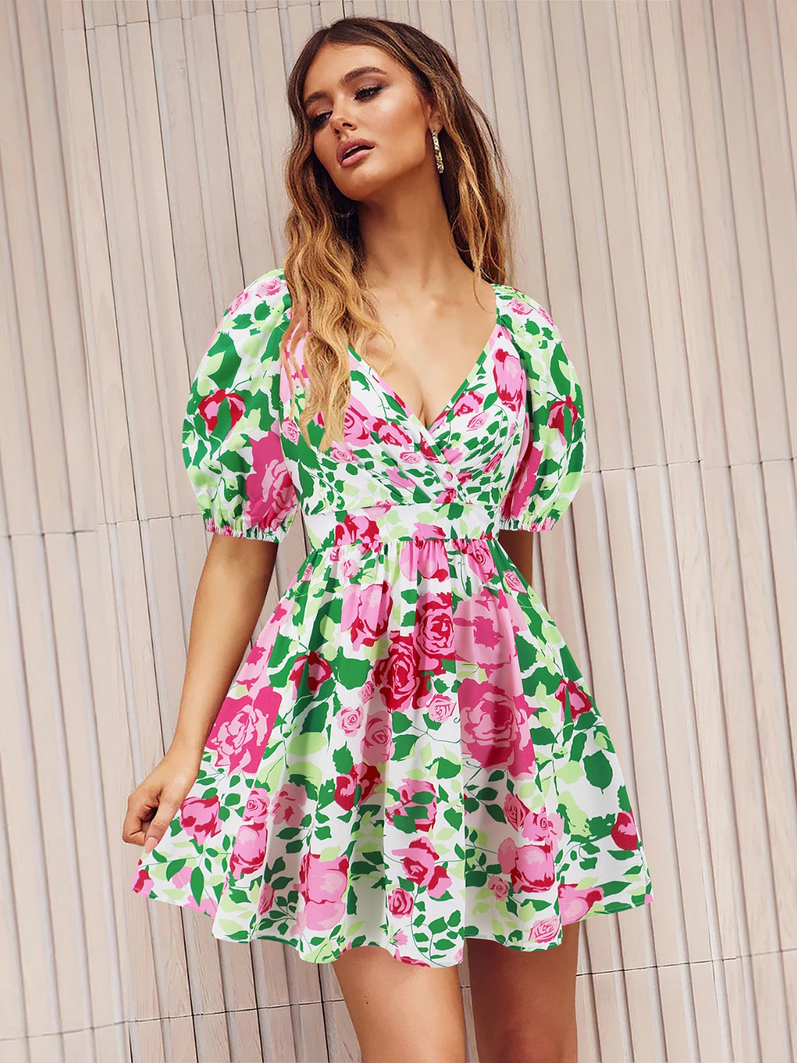 Sunset and Swim  Printed Surplice Short Sleeve Dress Sunset and Swim Green S 