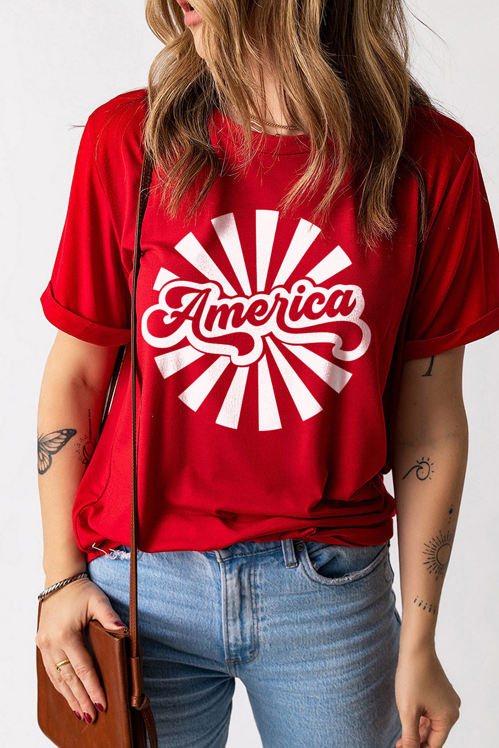 AMERICA Graphic Round Neck Short Sleeve Tee Sunset and Swim Red S 