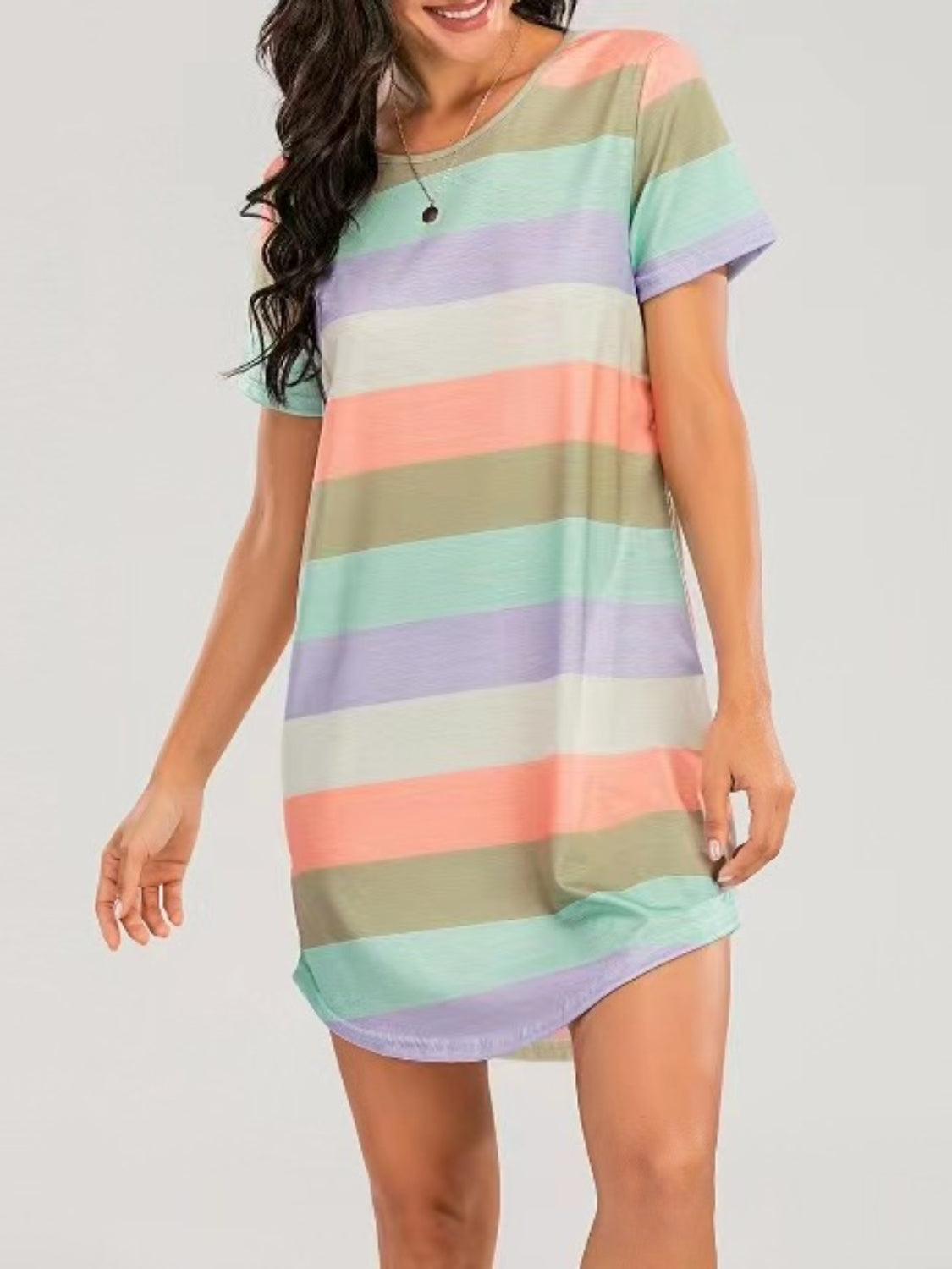 Sunset and Swim  Striped Round Neck Short Sleeve Tee Dress Sunset and Swim   