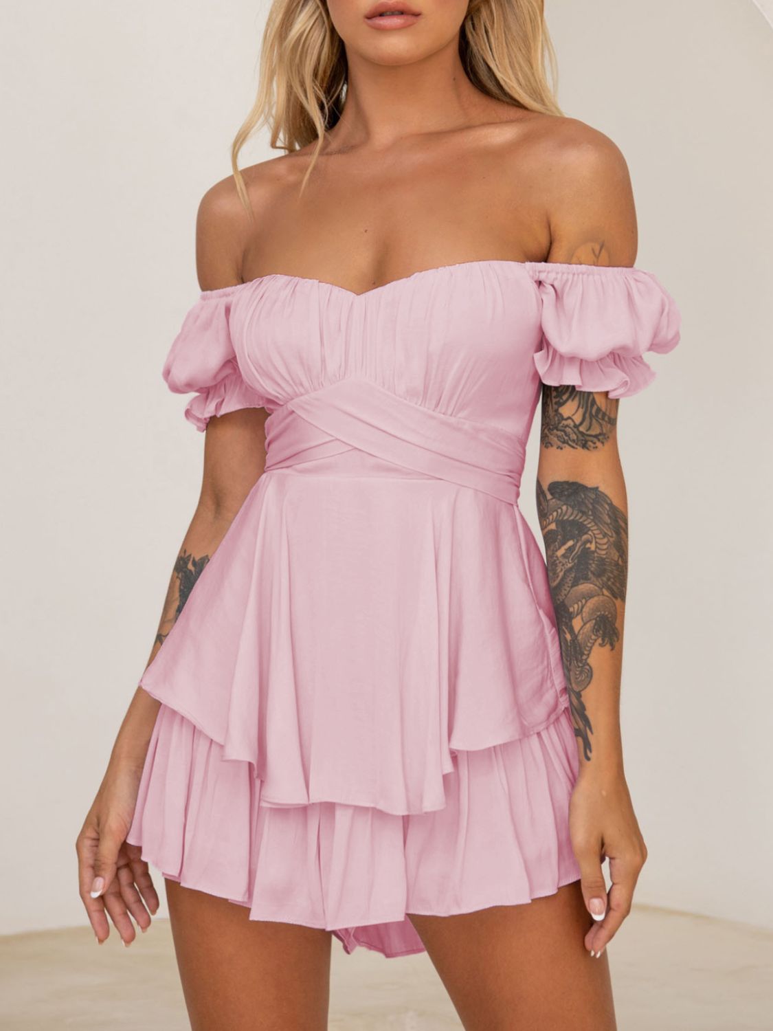 Off Shoulder Flounce Sleeve Romper Sunset and Swim   