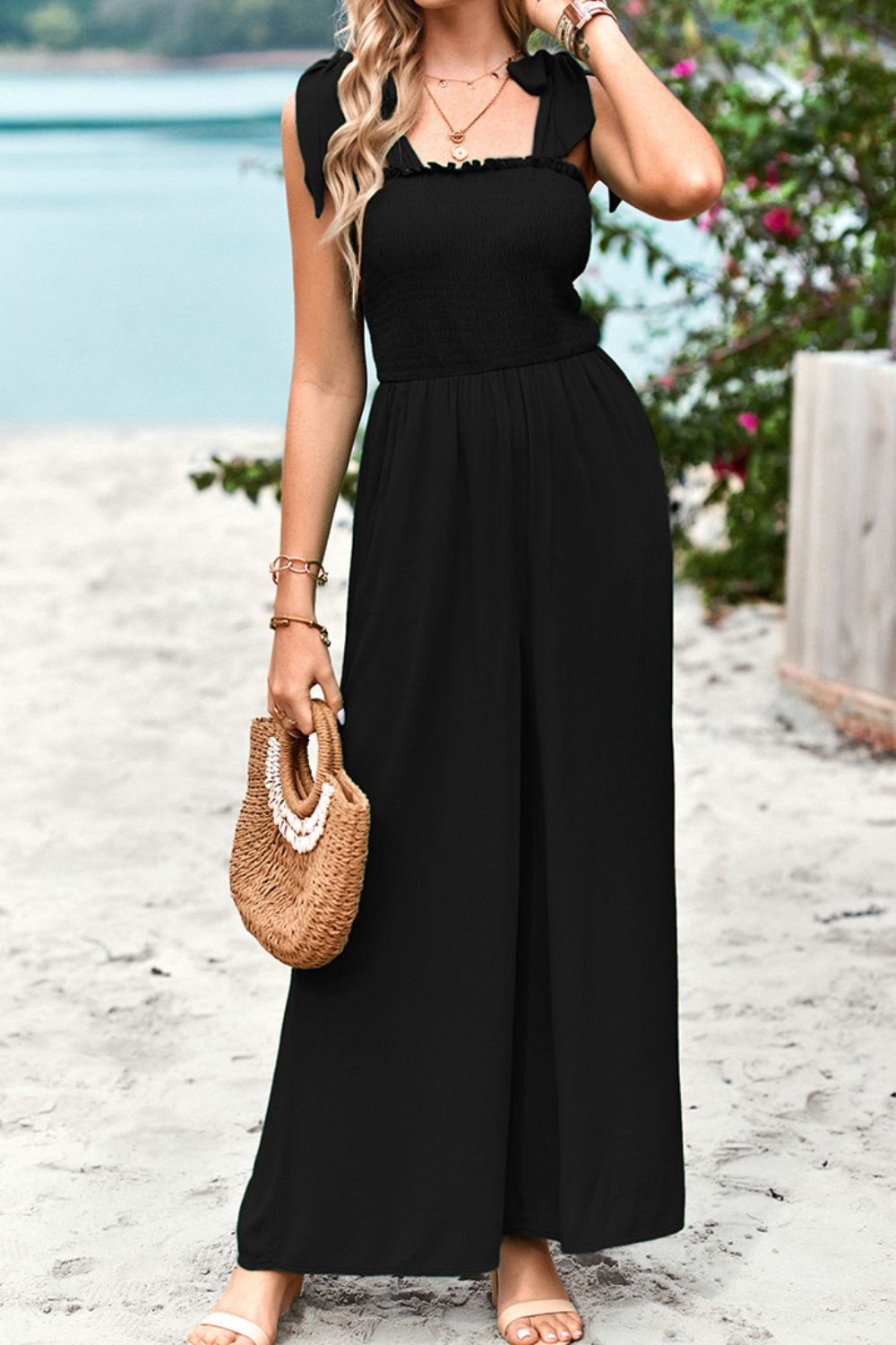 Sunset and Swim Frill Trim Tie Shoulder Wide Leg Jumpsuit with Pockets Sunset and Swim   