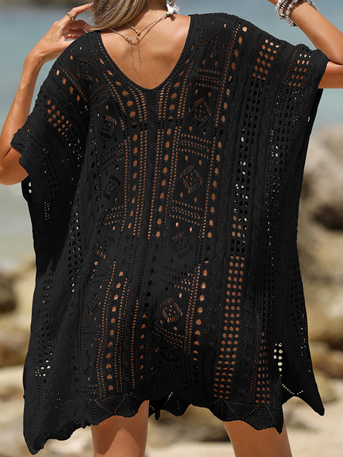 Sunset Vacation  Openwork Half Sleeve Beach Cover Up Sunset and Swim Black One Size 