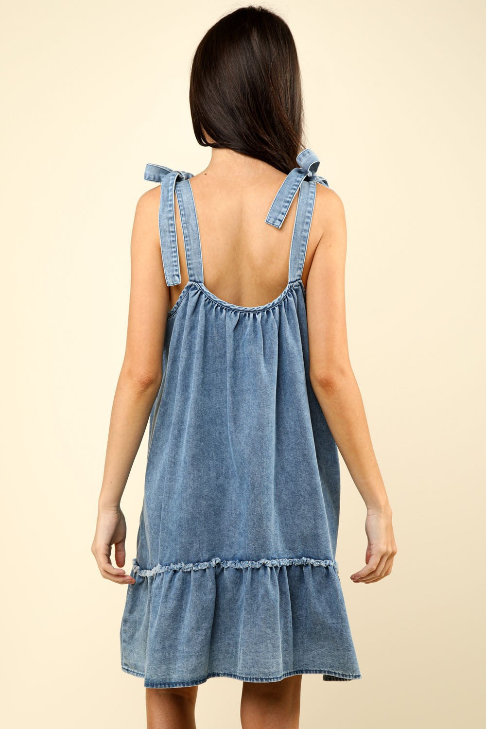 VERY J Shoulder Tie Washed Denim Mini Dress Sunset and Swim   