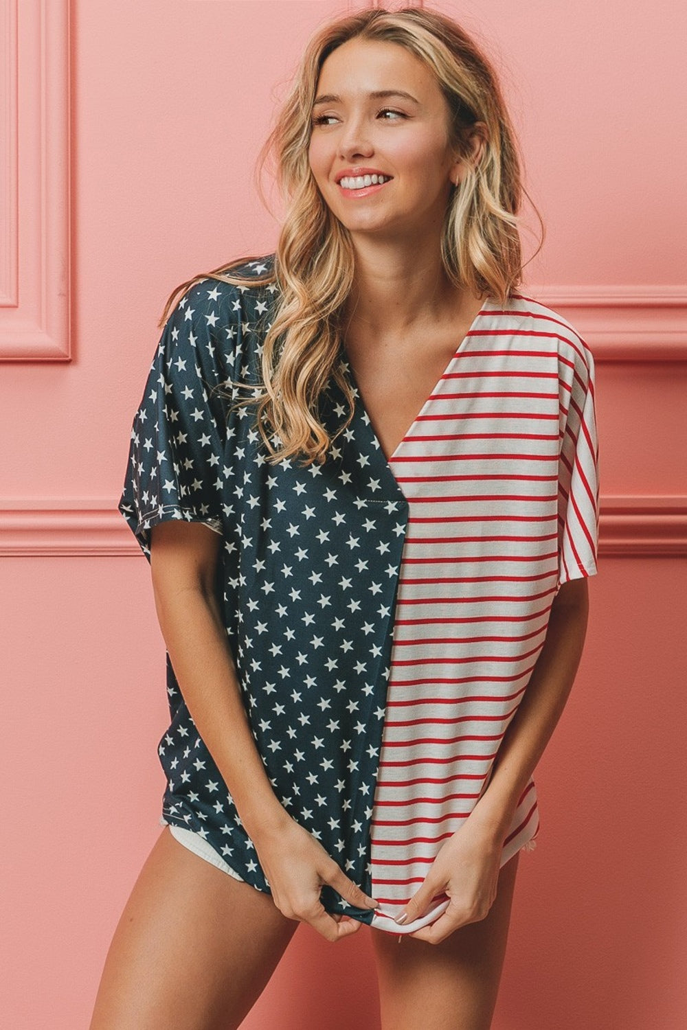 BiBi US Flag Themed Color Block Short Sleeve T-Shirt Sunset and Swim Navy/Red Stripe S 