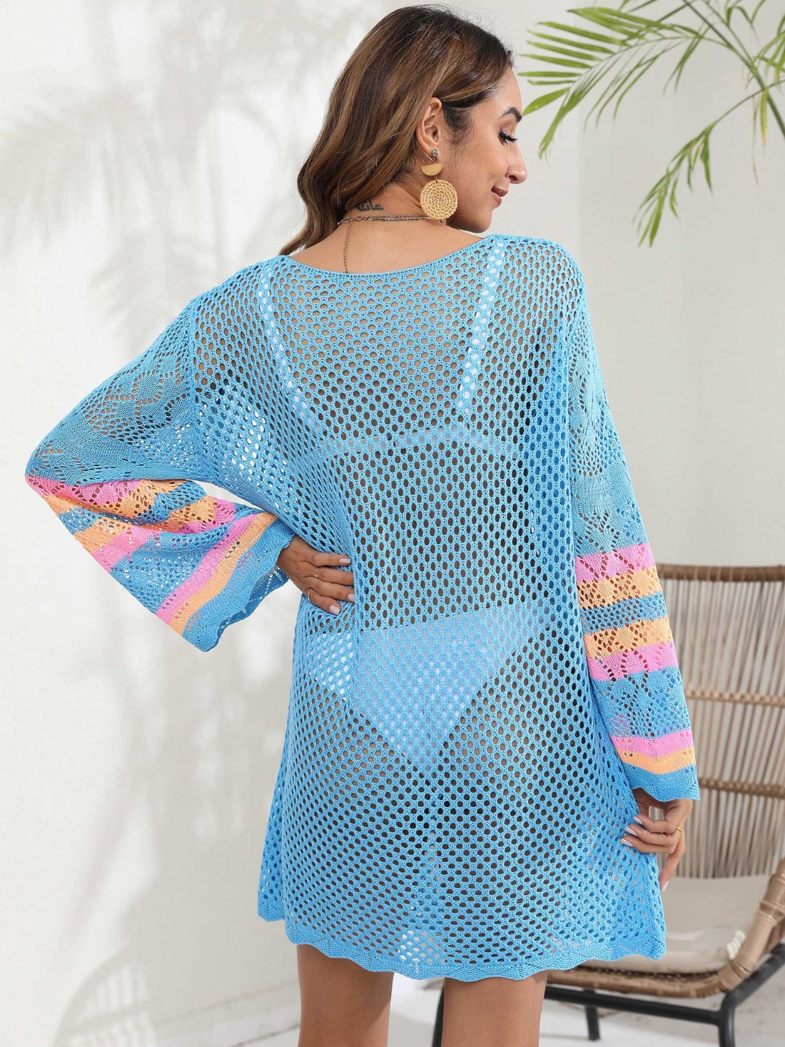 Sunset Vacation  Openwork Contrast Long Sleeve Cover-Up Sunset and Swim   