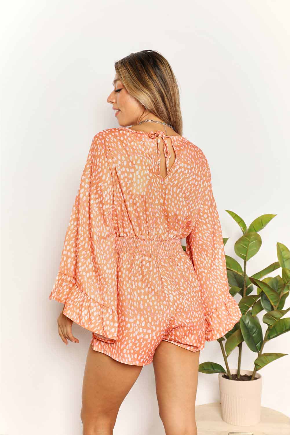 Double Take Printed Flare Sleeve Surplice Romper Sunset and Swim   