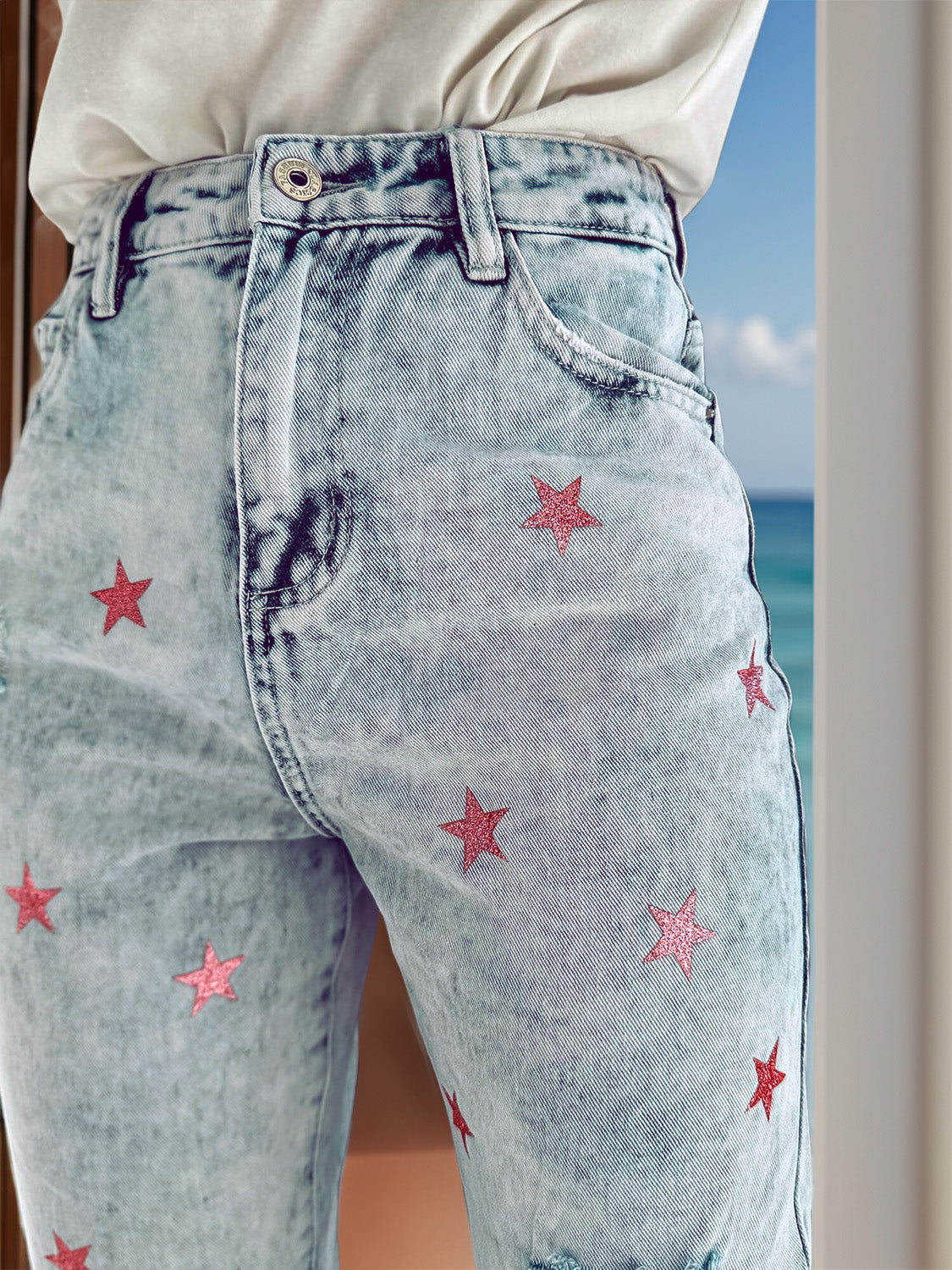 Sunset and Swim  Distressed Star Jeans with Pockets Sunset and Swim   