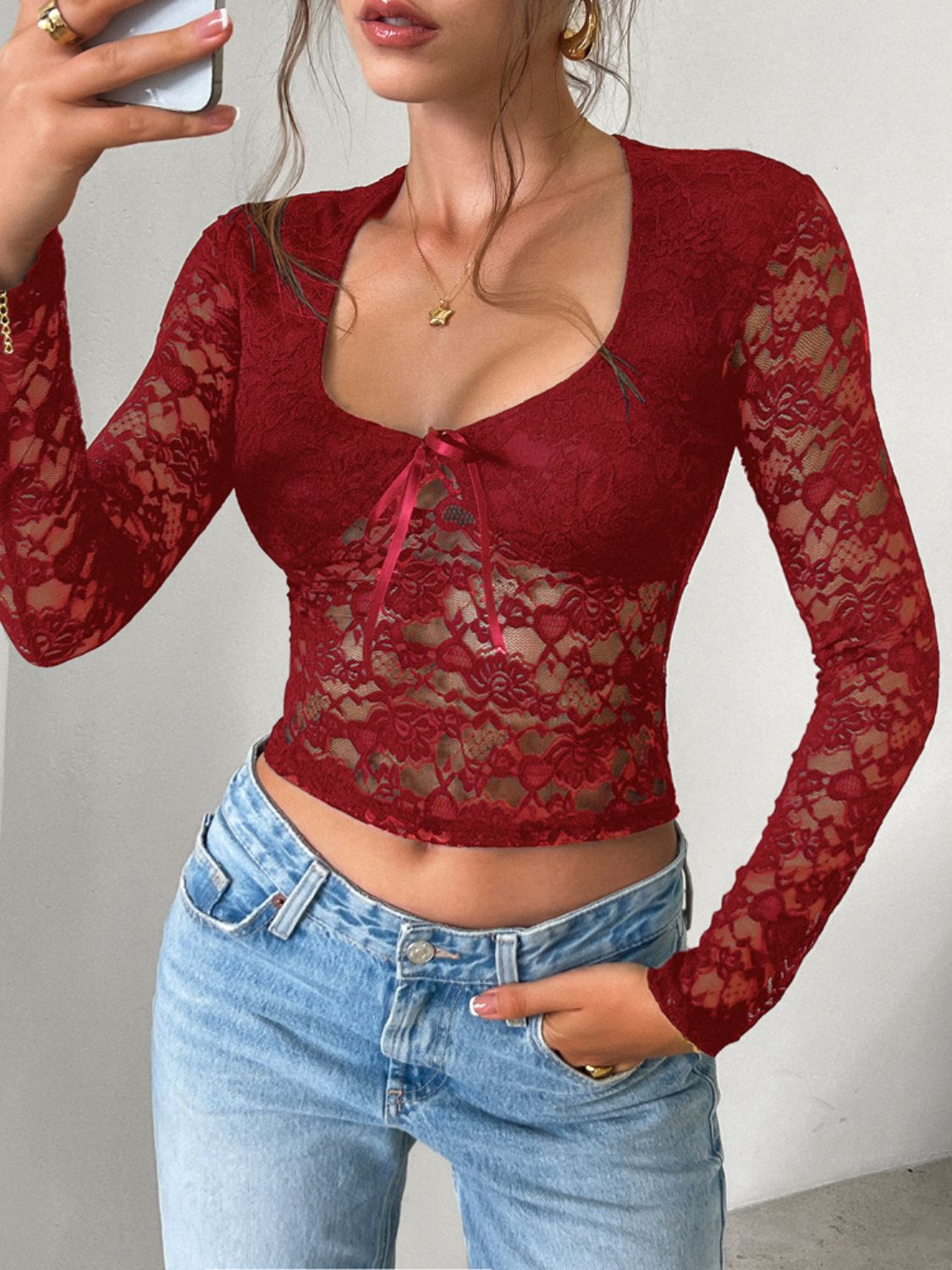 Devine Scoop Neck Long Sleeve Lace Top Sunset and Swim   