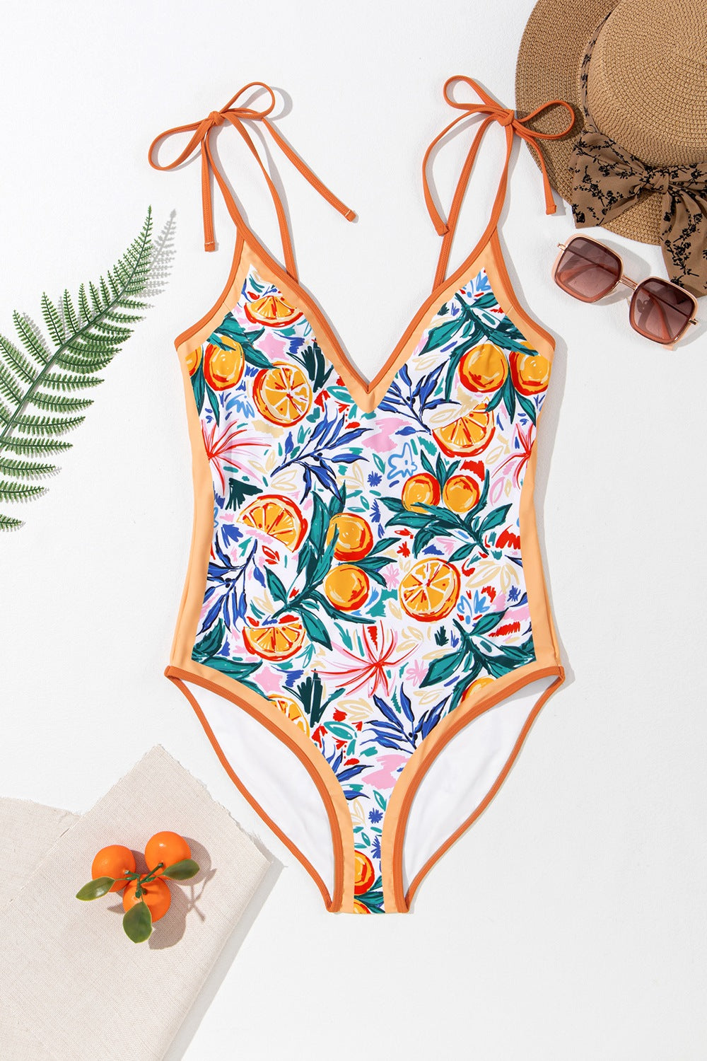 Sunset Vacation  Printed V-Neck Tie Shoulder One-Piece Swimwear Sunset and Swim   