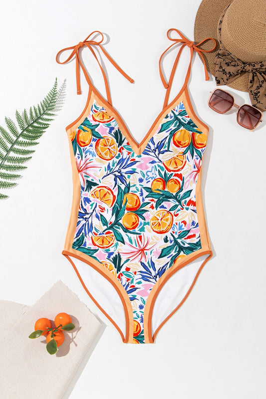 Sunset Vacation  Printed V-Neck Tie Shoulder One-Piece Swimwear  Sunset and Swim   