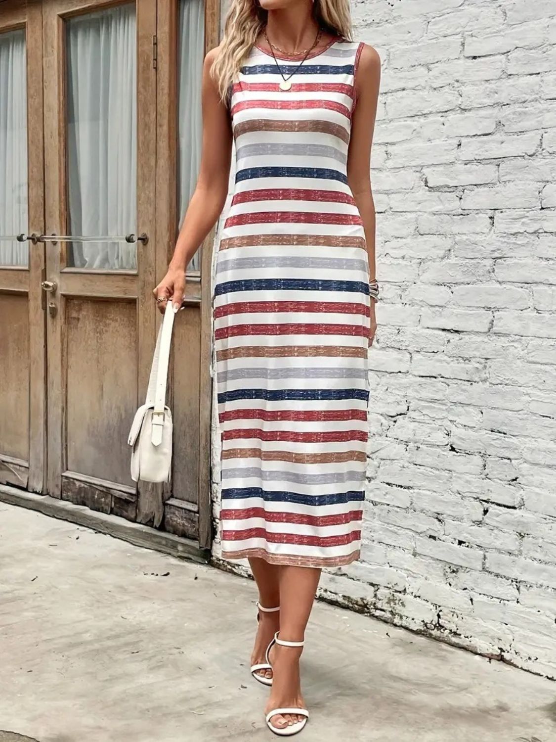 Slit Printed Round Neck Sleeveless Dress Sunset and Swim   