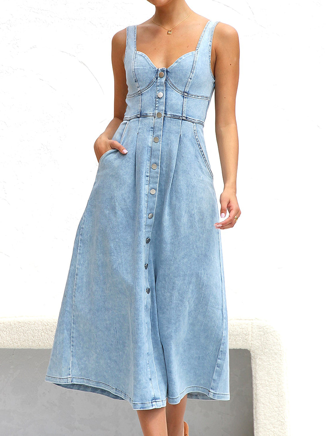 Sweetheart Neck Wide Strap Denim Dress Sunset and Swim Light S 