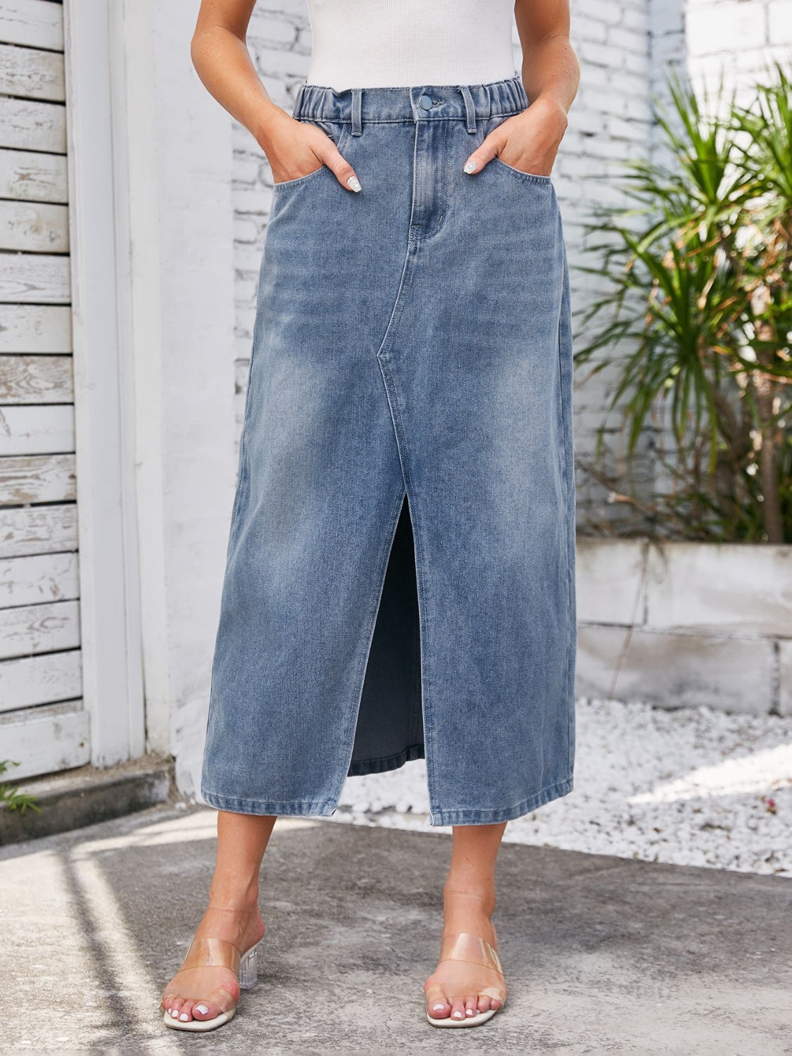Slit Midi Denim Skirt with Pockets Sunset and Swim Misty  Blue S 