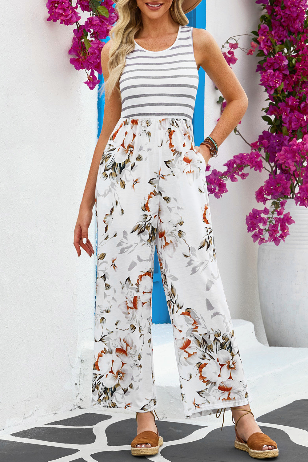 Striped Floral Sleeveless Wide Leg Jumpsuit with Pockets Sunset and Swim   