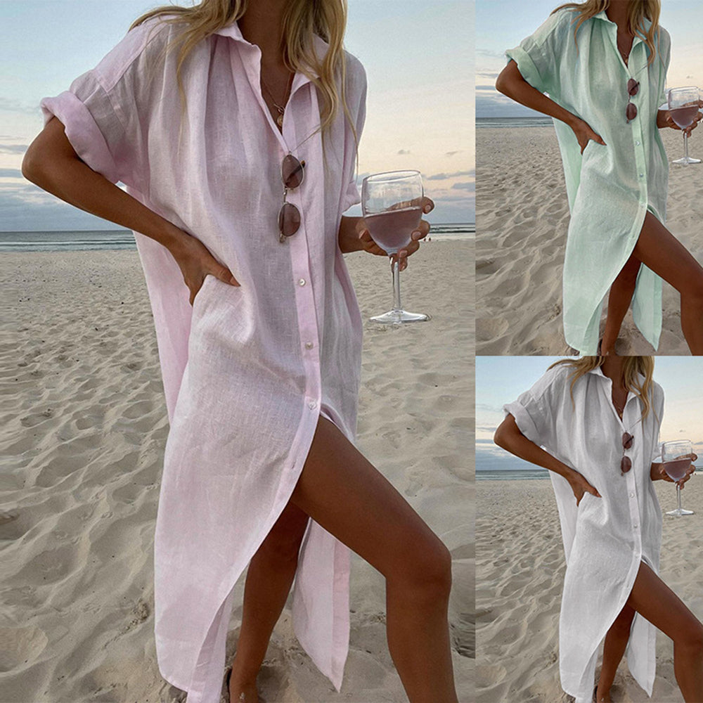Breezy Shoreline Chic White Tunic Shirt Dress  Sunset and Swim   