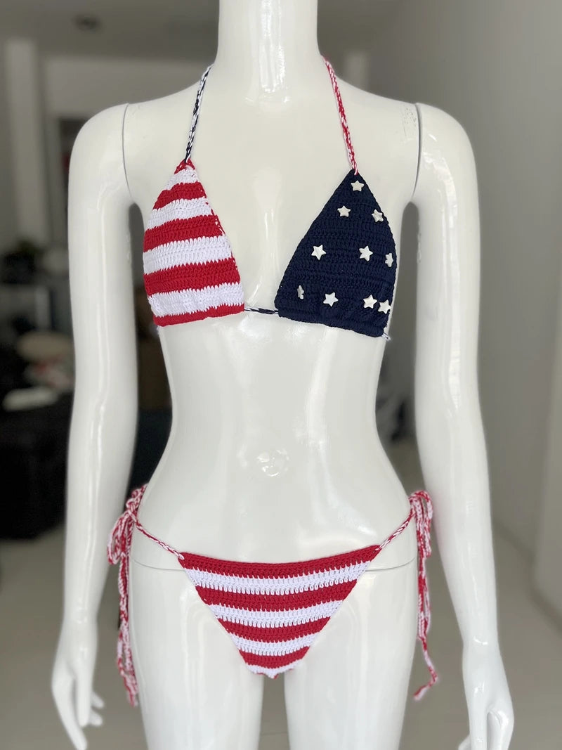 Sexy American Flag Handmade Crochet Swimsuit Bikini Sunset and Swim   