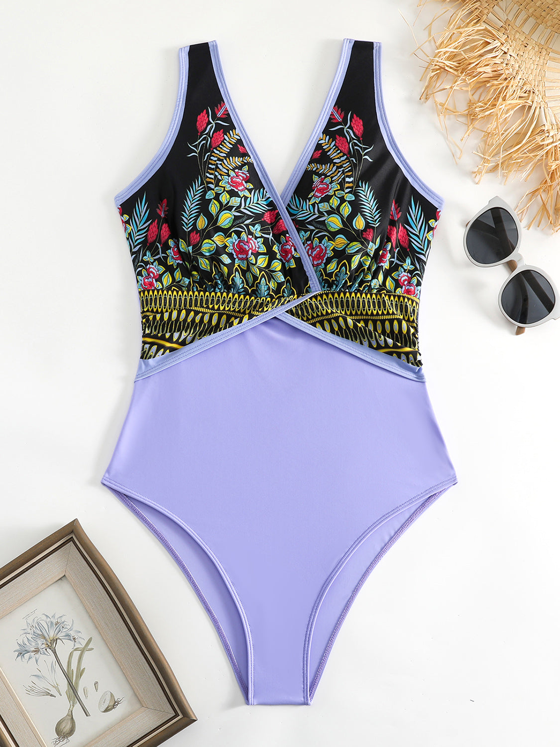 Sunset Vacation  Printed Surplice Wide Strap One-Piece Swimwear Sunset and Swim   