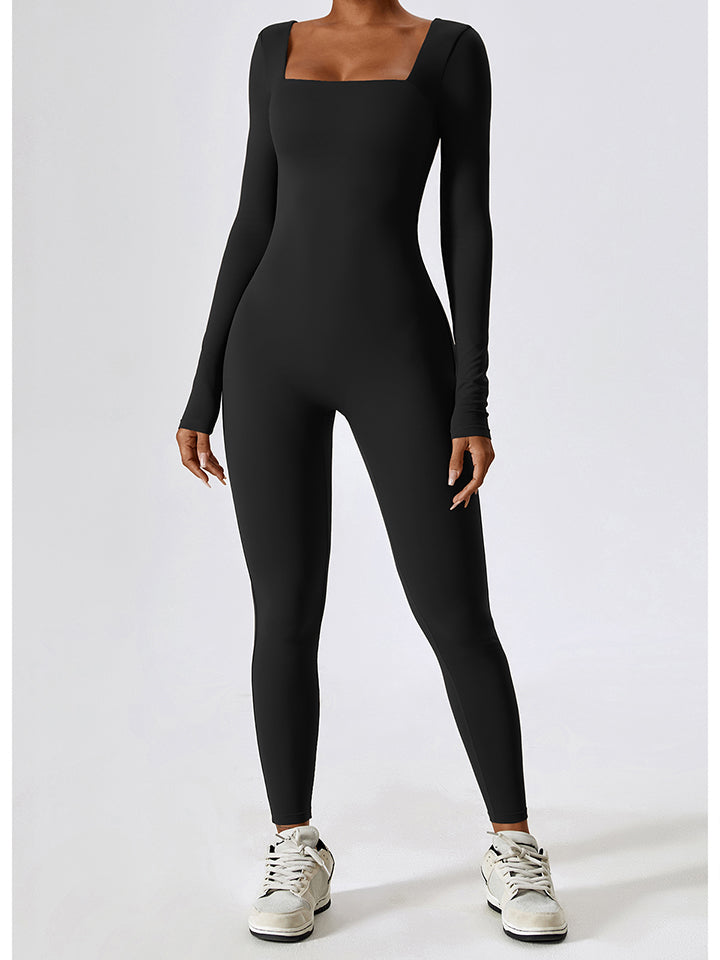 Square Neck Long Sleeve Sports Jumpsuit Sunset and Swim Black S 