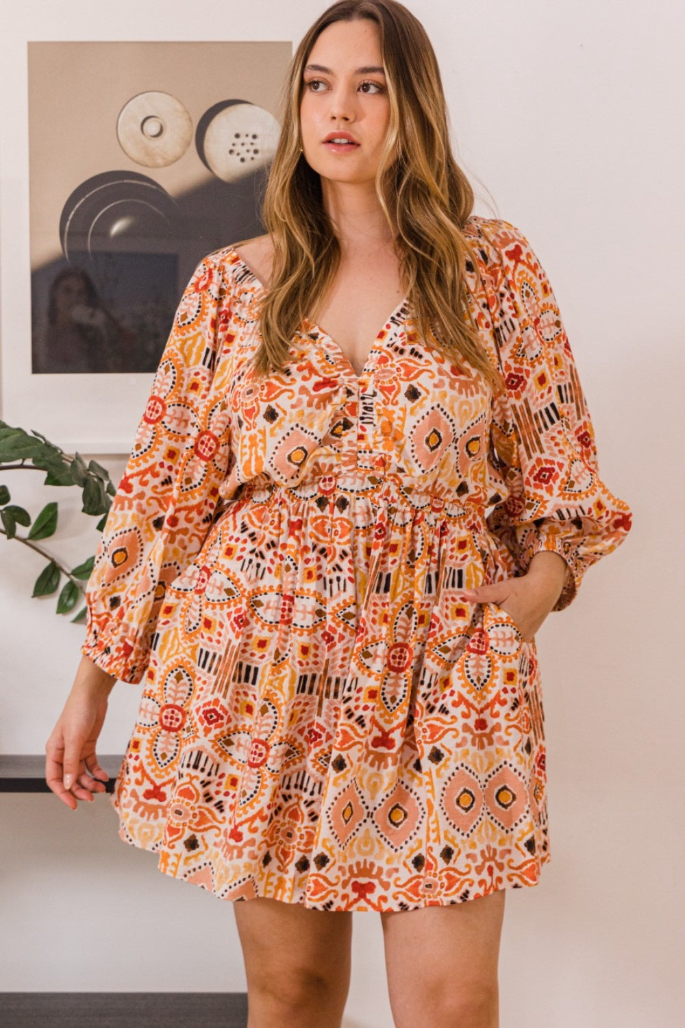 Sunset and Swim  Plus Size Printed Ruff Sleeve Romper with Pockets Sunset and Swim   