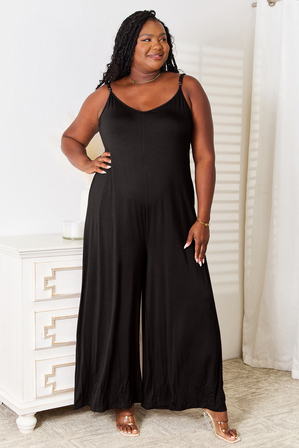 Double Take Plus Size Soft Rayon Spaghetti Strap Tied Wide Leg Jumpsuit Sunset and Swim Black S 