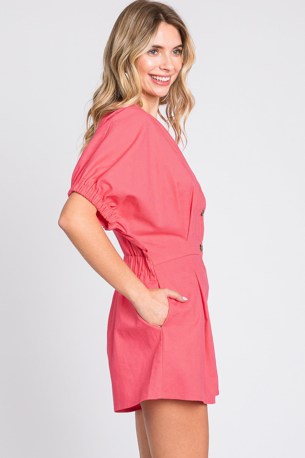 Sunset and Swim  Half Button V-Neck Linen Romper Sunset and Swim   