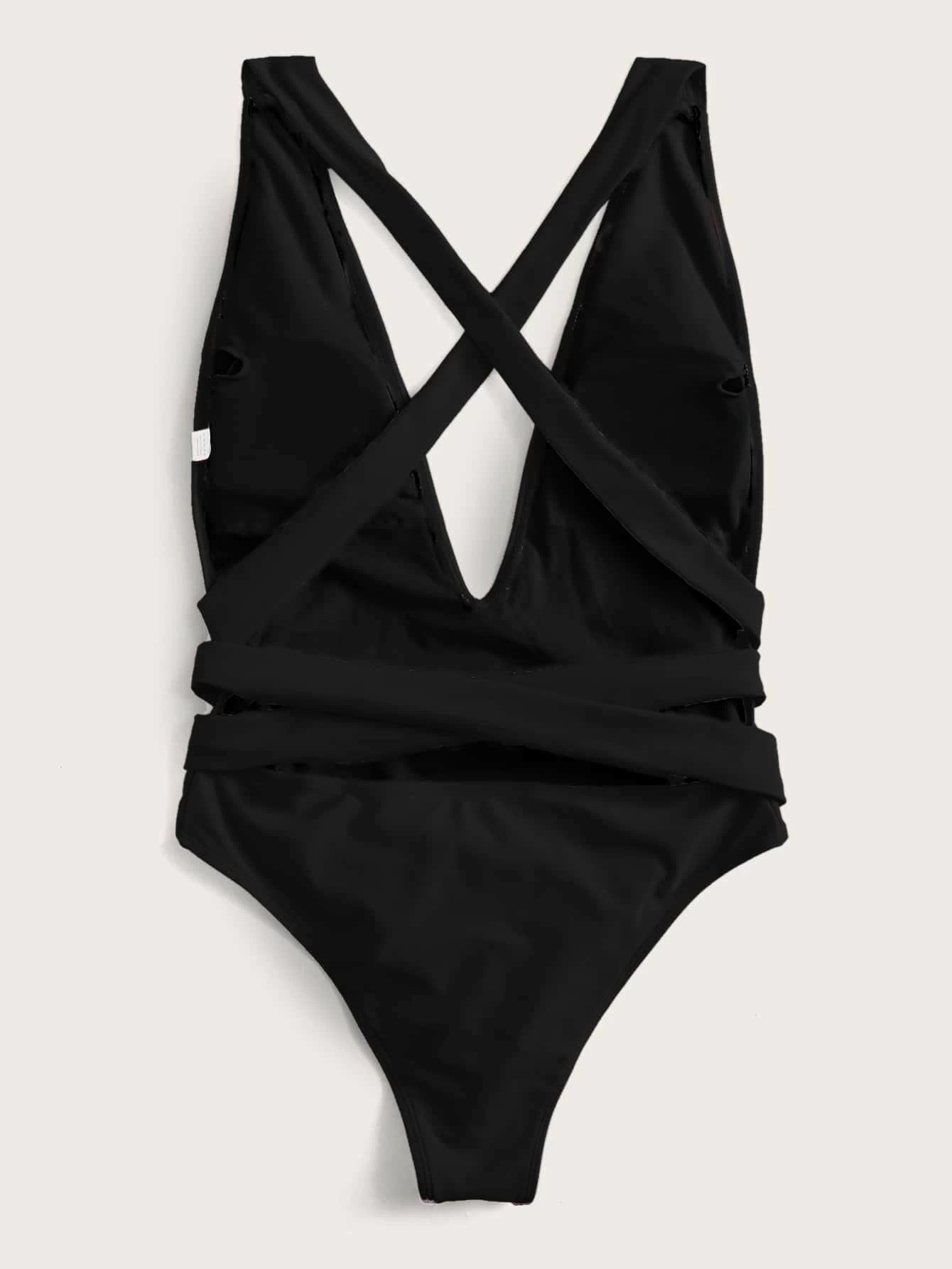 Halter Neck Deep V Tied One-Piece Swimsuit  Sunset and Swim   