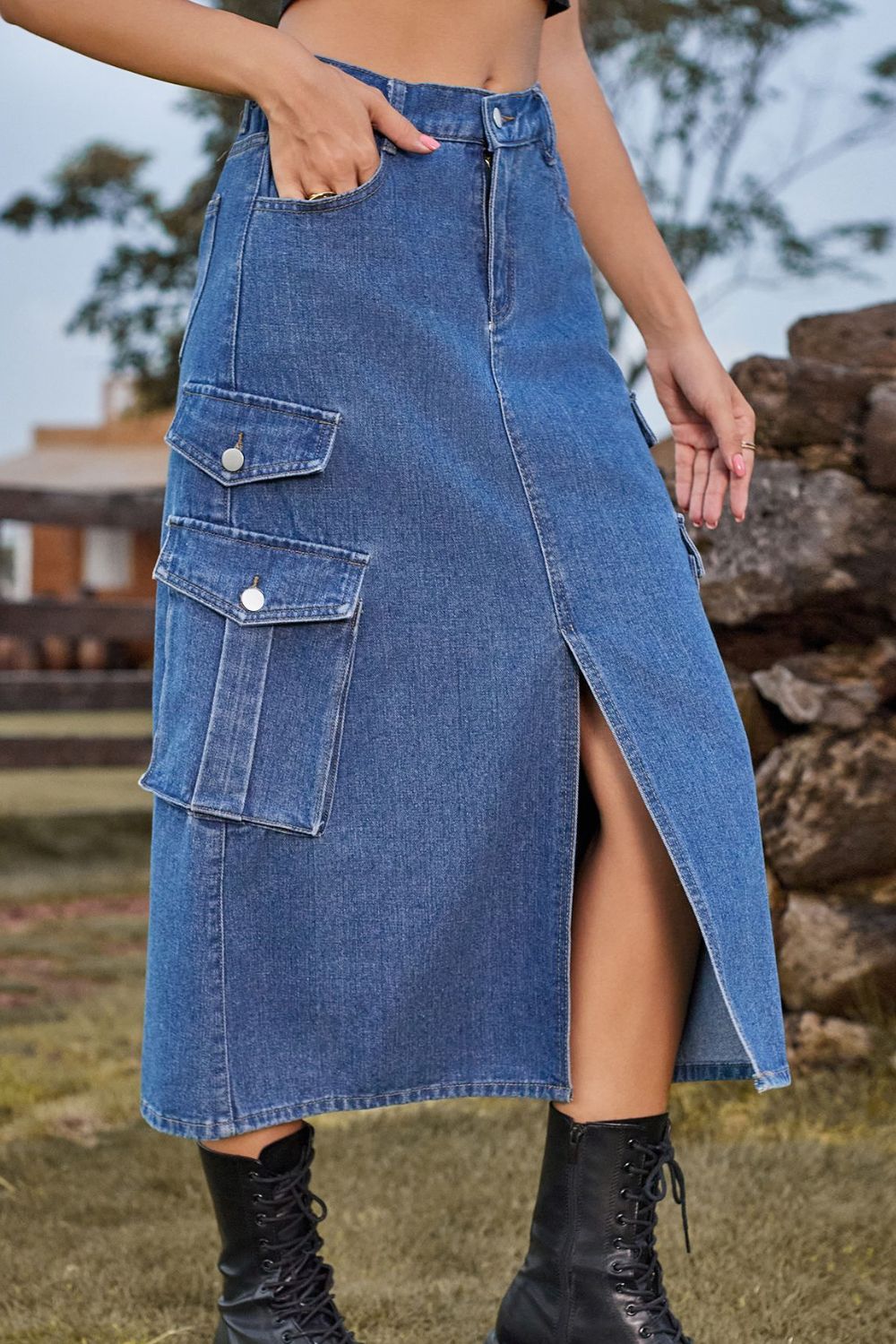 Slit Front Midi Denim Skirt with Pockets Sunset and Swim   