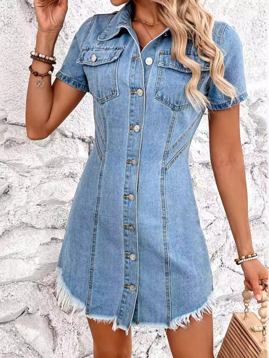 Raw Hem Button Up Short Sleeve Denim Dress Sunset and Swim Light XS 