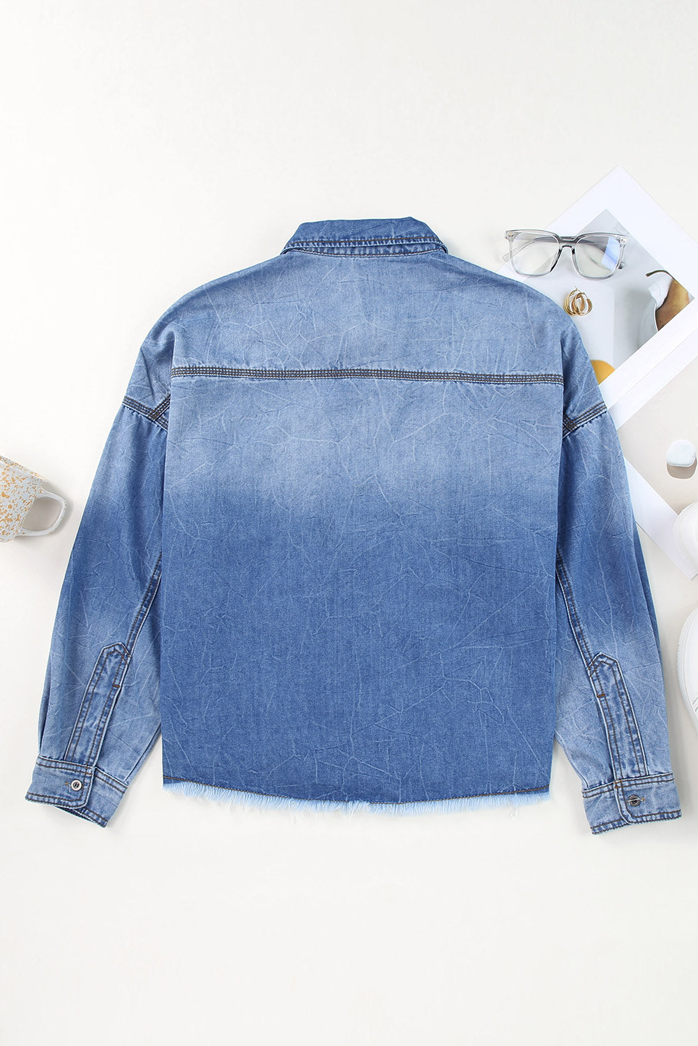 Raw Hem Sequin Football Long Sleeve Denim Jacket Sunset and Swim   