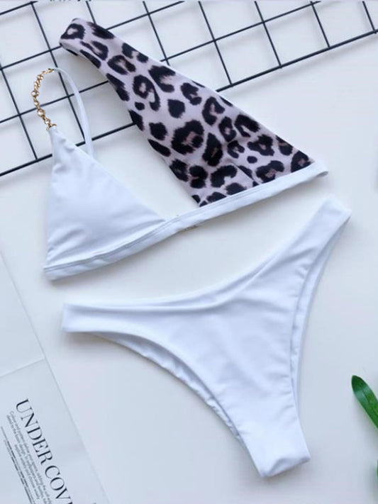 Sunset Vacation  Leopard Single Shoulder Two-Piece Bikini Set