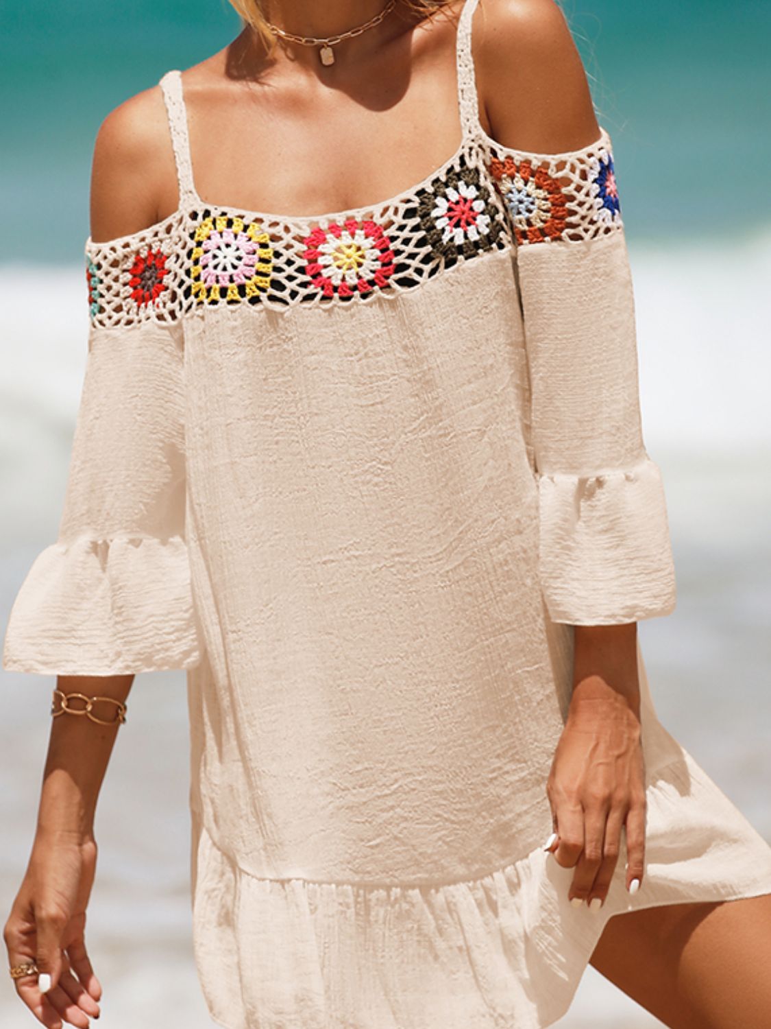 Sunset Vacation  Crochet Cold Shoulder Three-Quarter Sleeve Beach Cover Up Sunset and Swim Tan One Size 