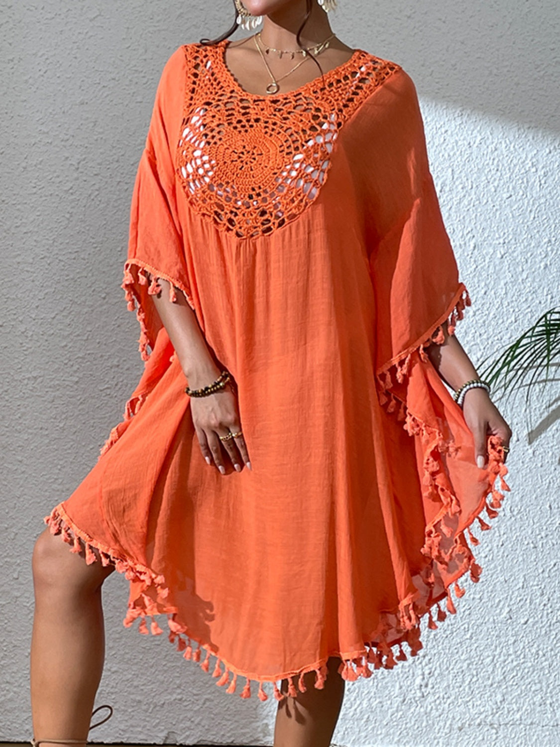 Sunset Vacation  Tassel Cutout Scoop Neck Cover-Up Dress  Sunset and Swim   