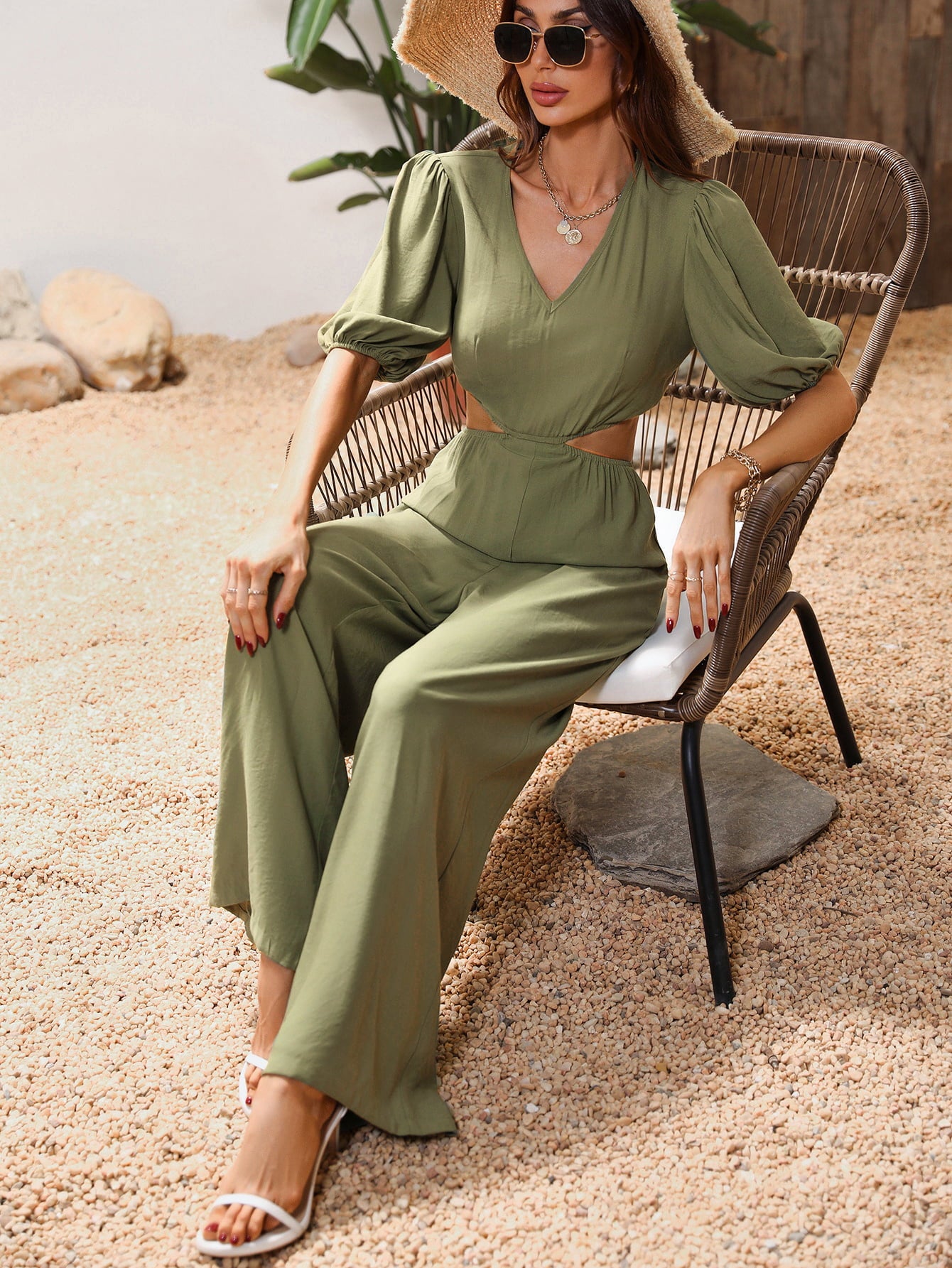 Cutout V-Neck Balloon Sleeve Jumpsuit Sunset and Swim   