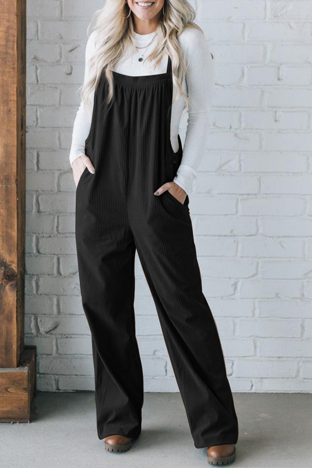 Square Neck Wide Strap Overalls Sunset and Swim Black M 