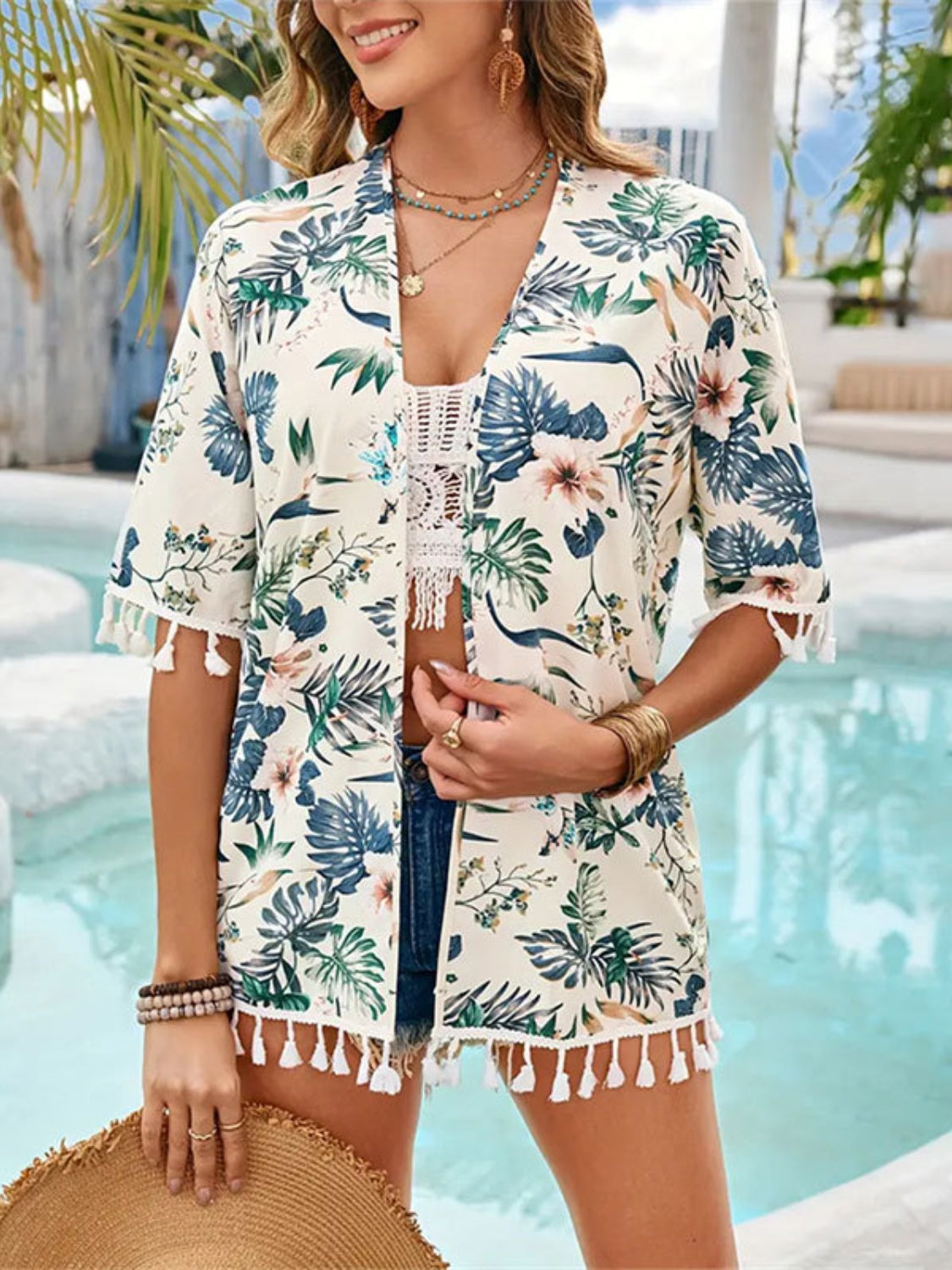 Tassel Printed Open Front Half Sleeve Cover-Up Sunset and Swim Pastel Yellow S 