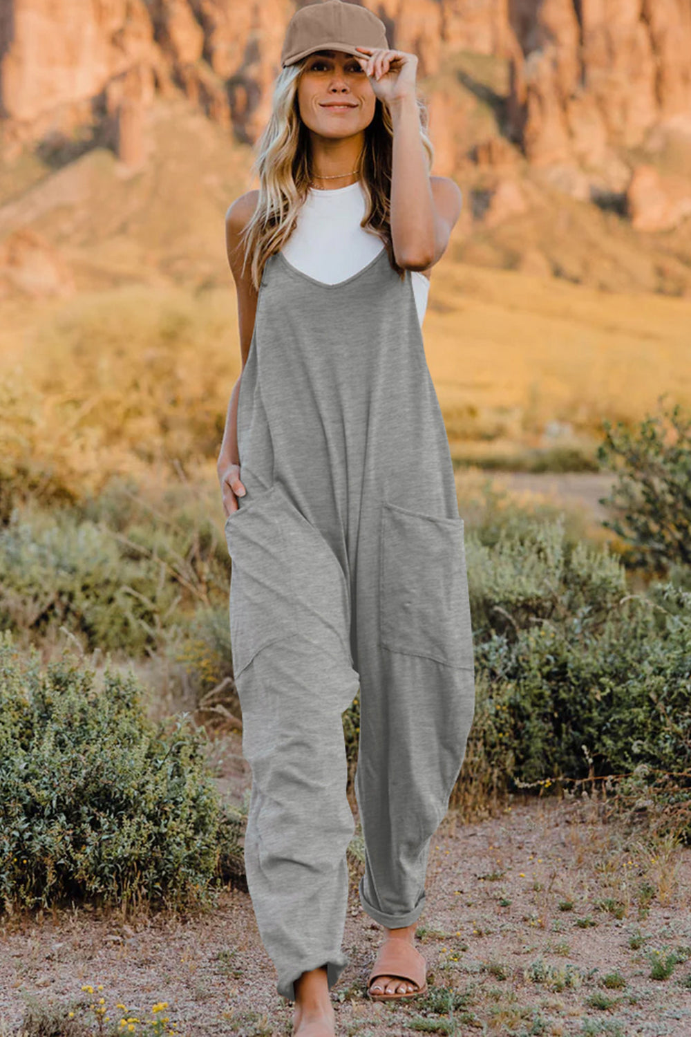 Sunset Vacation  Double Take Plus Size V-Neck Sleeveless Jumpsuit with Pockets  Sunset and Swim Light Gray S 
